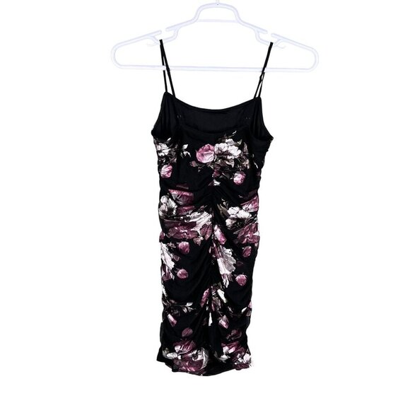 Black Foiled Pink Floral Ruched Mini Dress Bodycon Coquette Whimsigoth Womens S - Picture 9 of 16